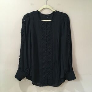 Torrid Women’s Plus 1X Blouse Top Button Black Georgette Lace Parisian Romantic